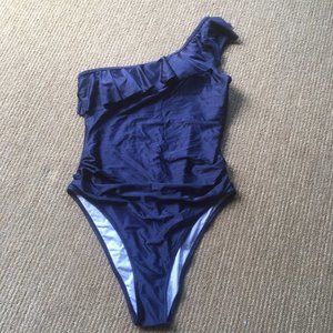 Cupshe Navy One-Shoulder Ruffle Swimsuit